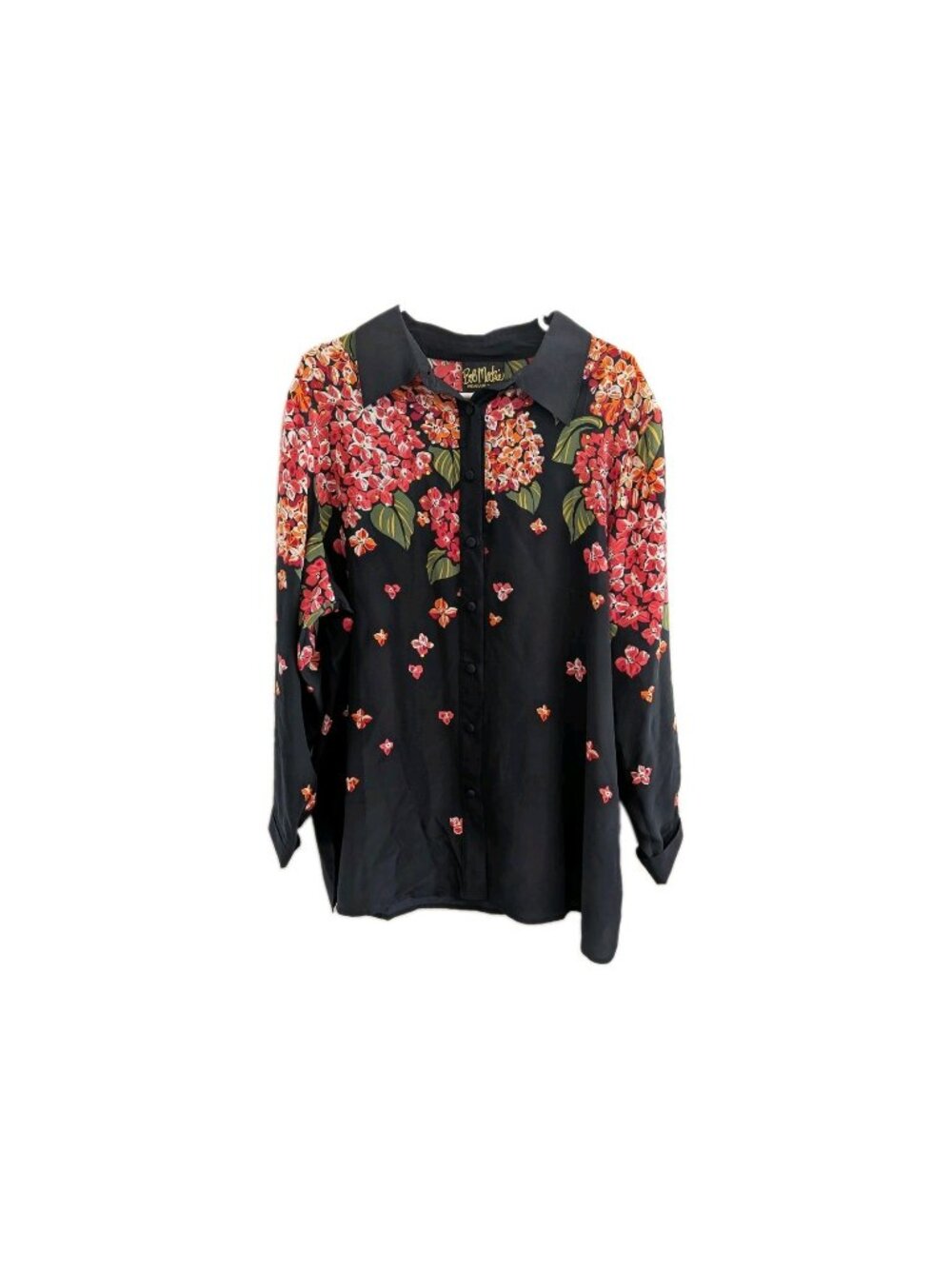 BOB MACKIE Bold Vtg Floral 100% SILK BLOUSE Beaded Button Down Women's 1X